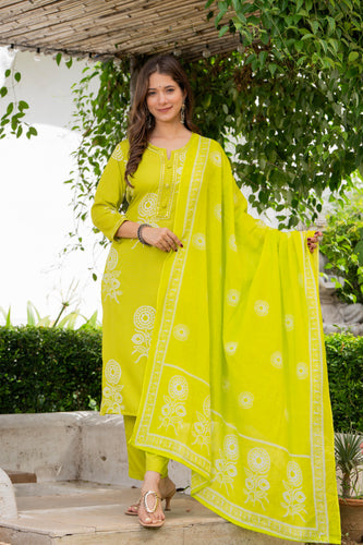 Lime Green Floral Printed Kurta Set for Women