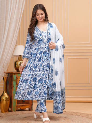 White Flower Printed Suit for Women