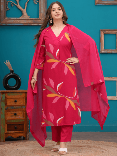 Pink Leaf Printed Suit for Women