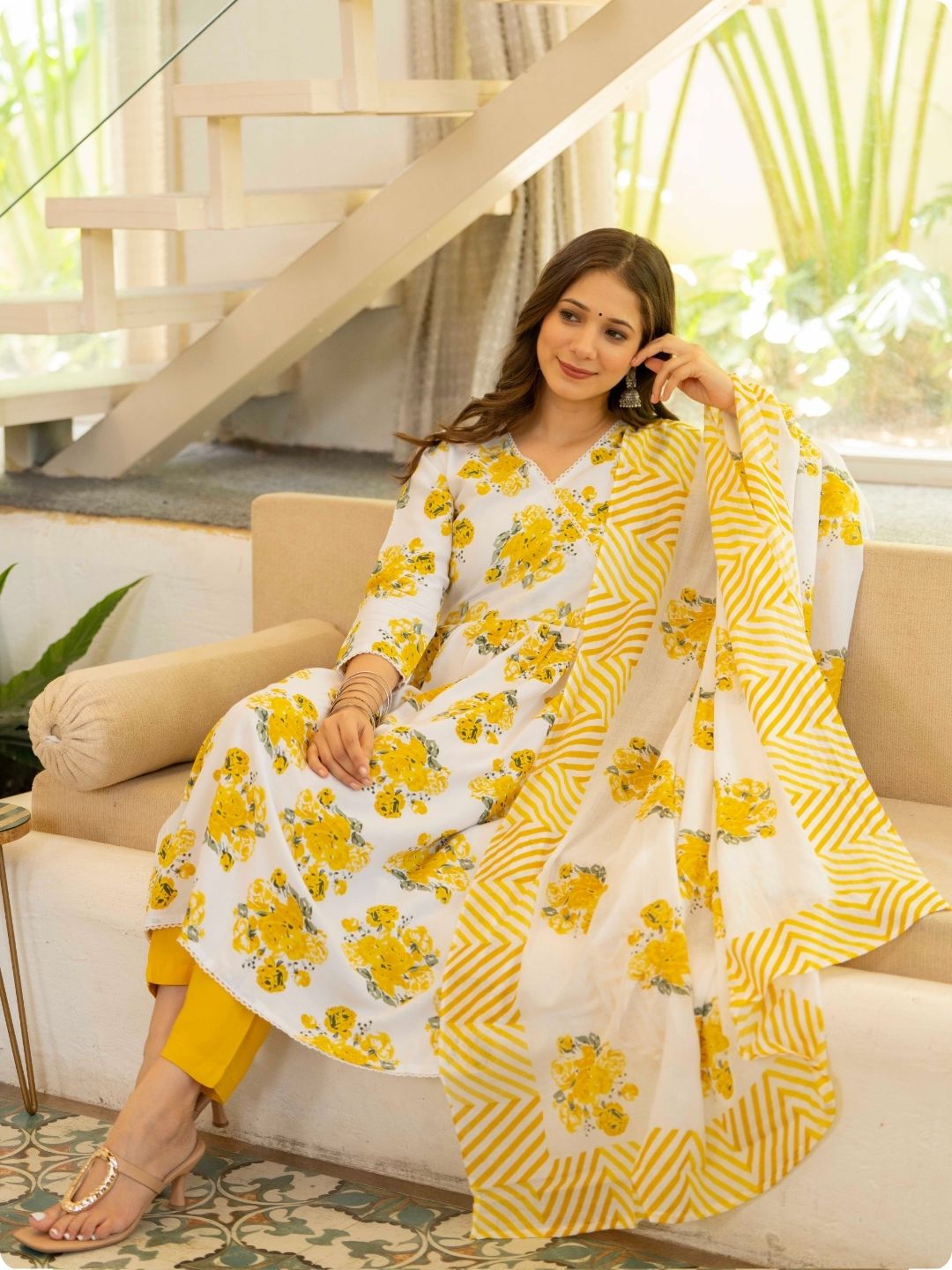 White & Yellow Floral Print Anarkali Kurta, Palazzo & Dupatta Set White & Yellow Floral Print Anarkali Kurta, Palazzo & Dupatta Set