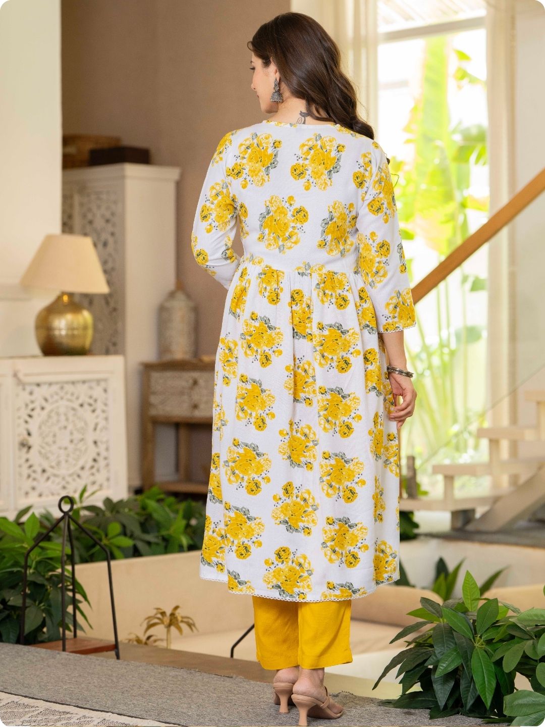 White & Yellow Floral Print Anarkali Kurta, Palazzo & Dupatta Set White & Yellow Floral Print Anarkali Kurta, Palazzo & Dupatta Set