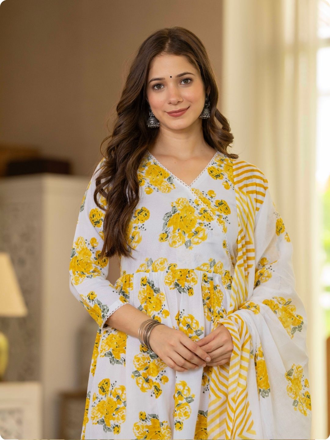 White & Yellow Floral Print Anarkali Kurta, Palazzo & Dupatta Set White & Yellow Floral Print Anarkali Kurta, Palazzo & Dupatta Set