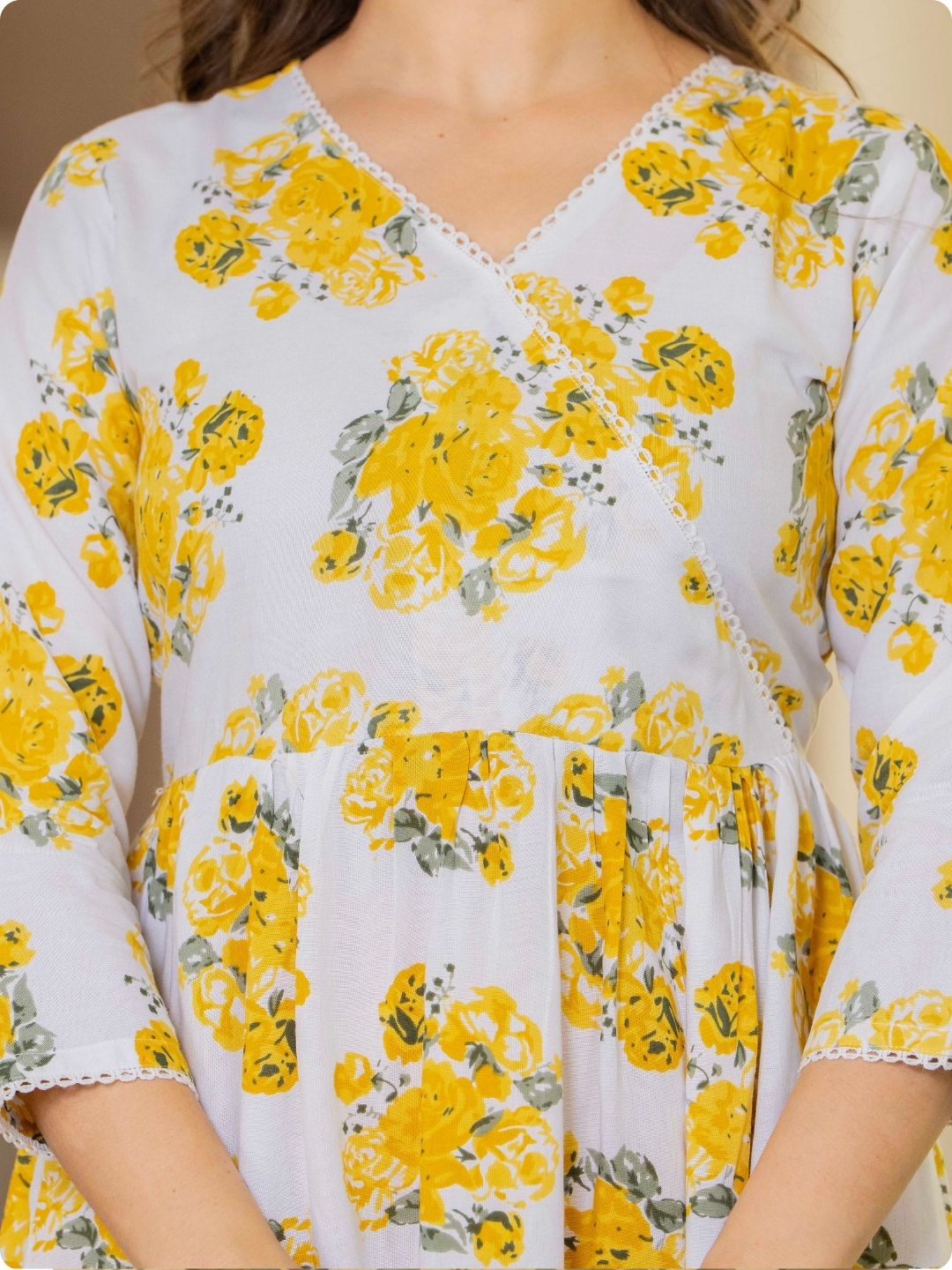 White & Yellow Floral Print Anarkali Kurta, Palazzo & Dupatta Set White & Yellow Floral Print Anarkali Kurta, Palazzo & Dupatta Set
