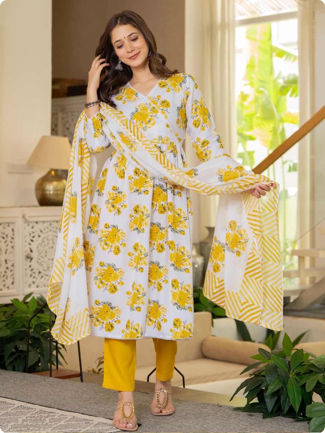 White & Yellow Floral Print Anarkali Kurta, Palazzo & Dupatta Set White & Yellow Floral Print Anarkali Kurta, Palazzo & Dupatta Set