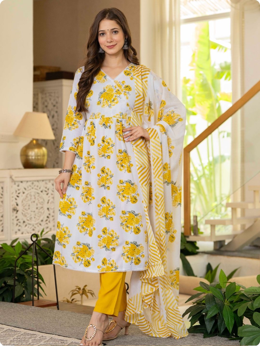 White & Yellow Floral Print Anarkali Kurta, Palazzo & Dupatta Set White & Yellow Floral Print Anarkali Kurta, Palazzo & Dupatta Set