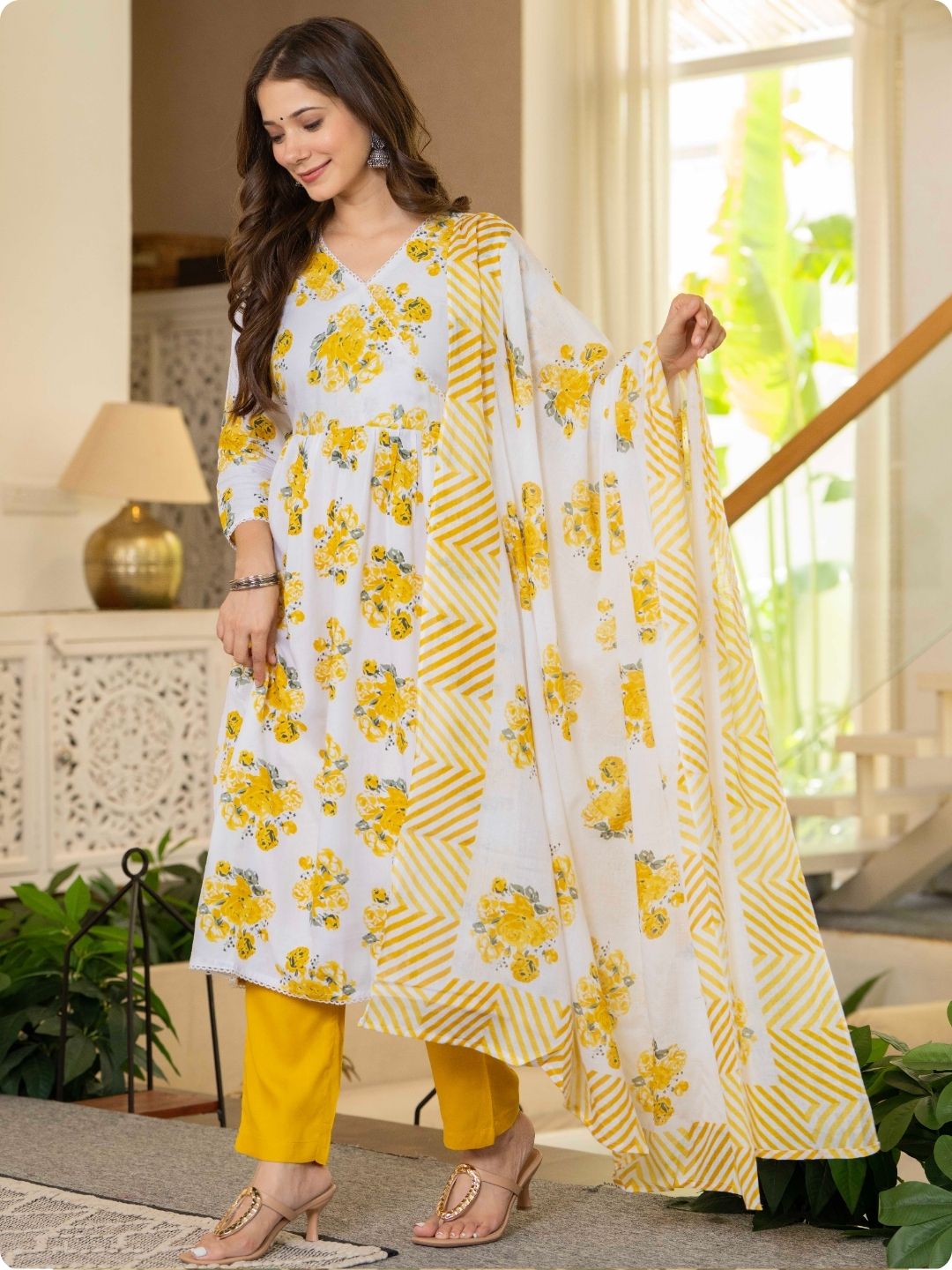 White & Yellow Floral Print Anarkali Kurta, Palazzo & Dupatta Set White & Yellow Floral Print Anarkali Kurta, Palazzo & Dupatta Set
