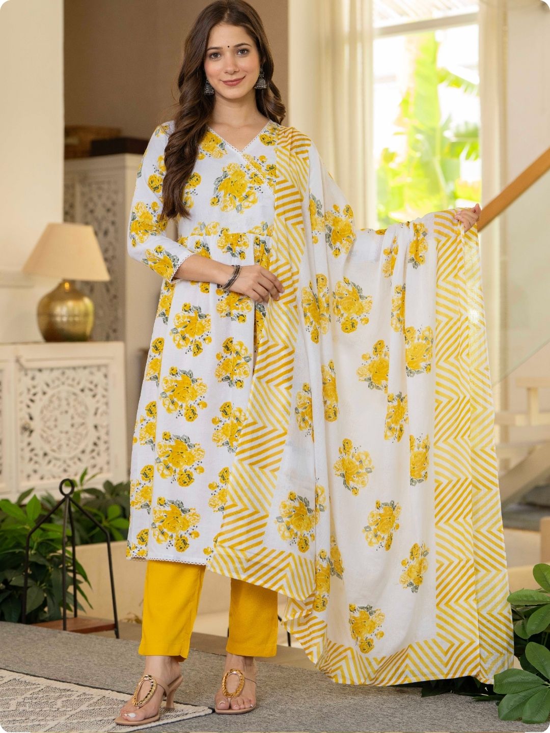 White & Yellow Floral Print Anarkali Kurta, Palazzo & Dupatta Set White & Yellow Floral Print Anarkali Kurta, Palazzo & Dupatta Set