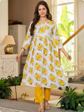 White & Yellow Floral Print Anarkali Kurta, Palazzo & Dupatta Set White & Yellow Floral Print Anarkali Kurta, Palazzo & Dupatta Set
