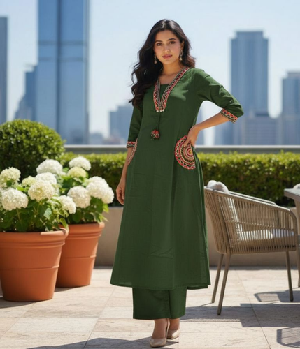 Green Embroidered Kurta Pant Set for Women