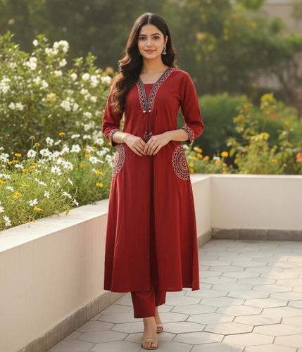 Maroon Embroidered Kurta Pant Set for women