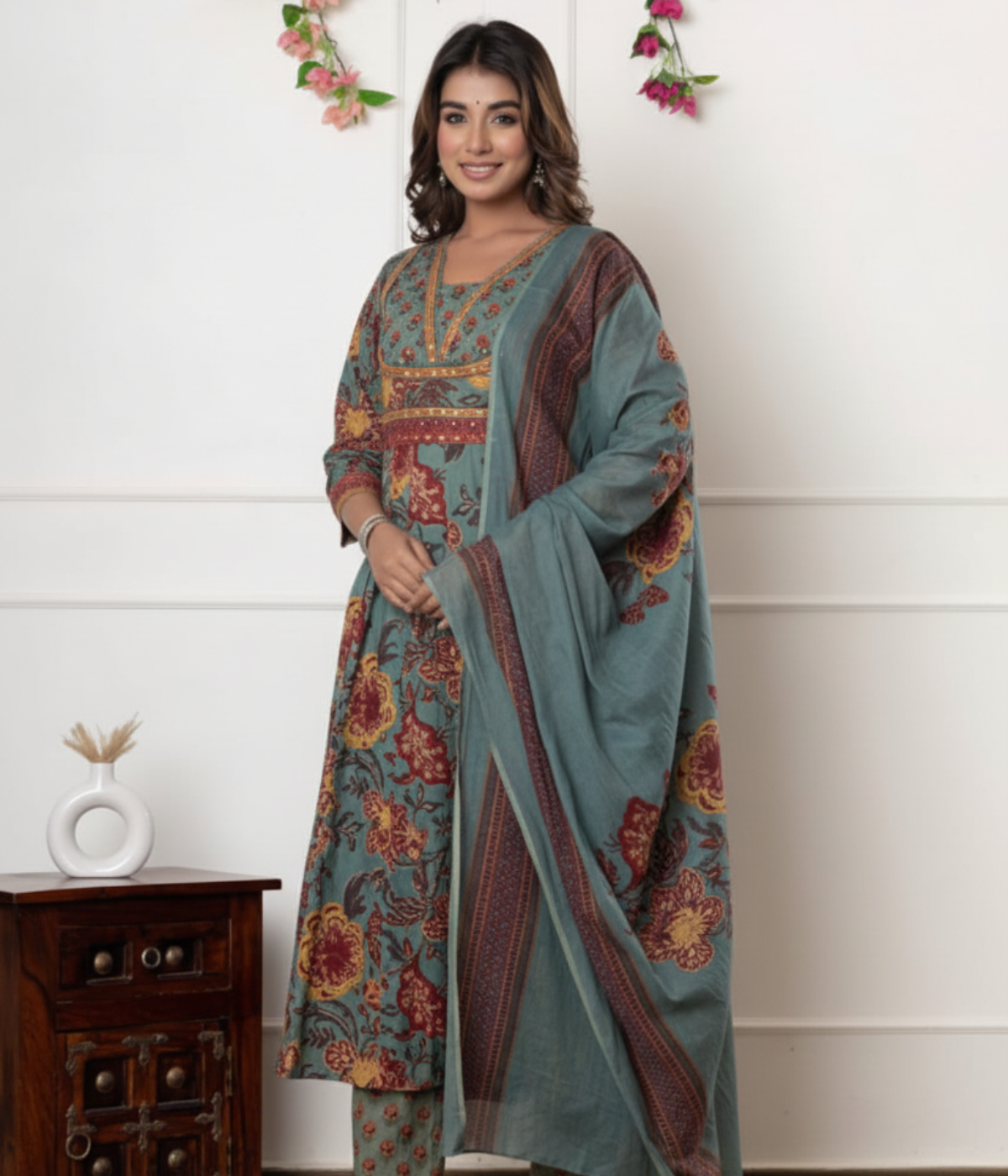 Multicolor Floral Printed Cotton Kurta, Palazzo & Dupatta Set