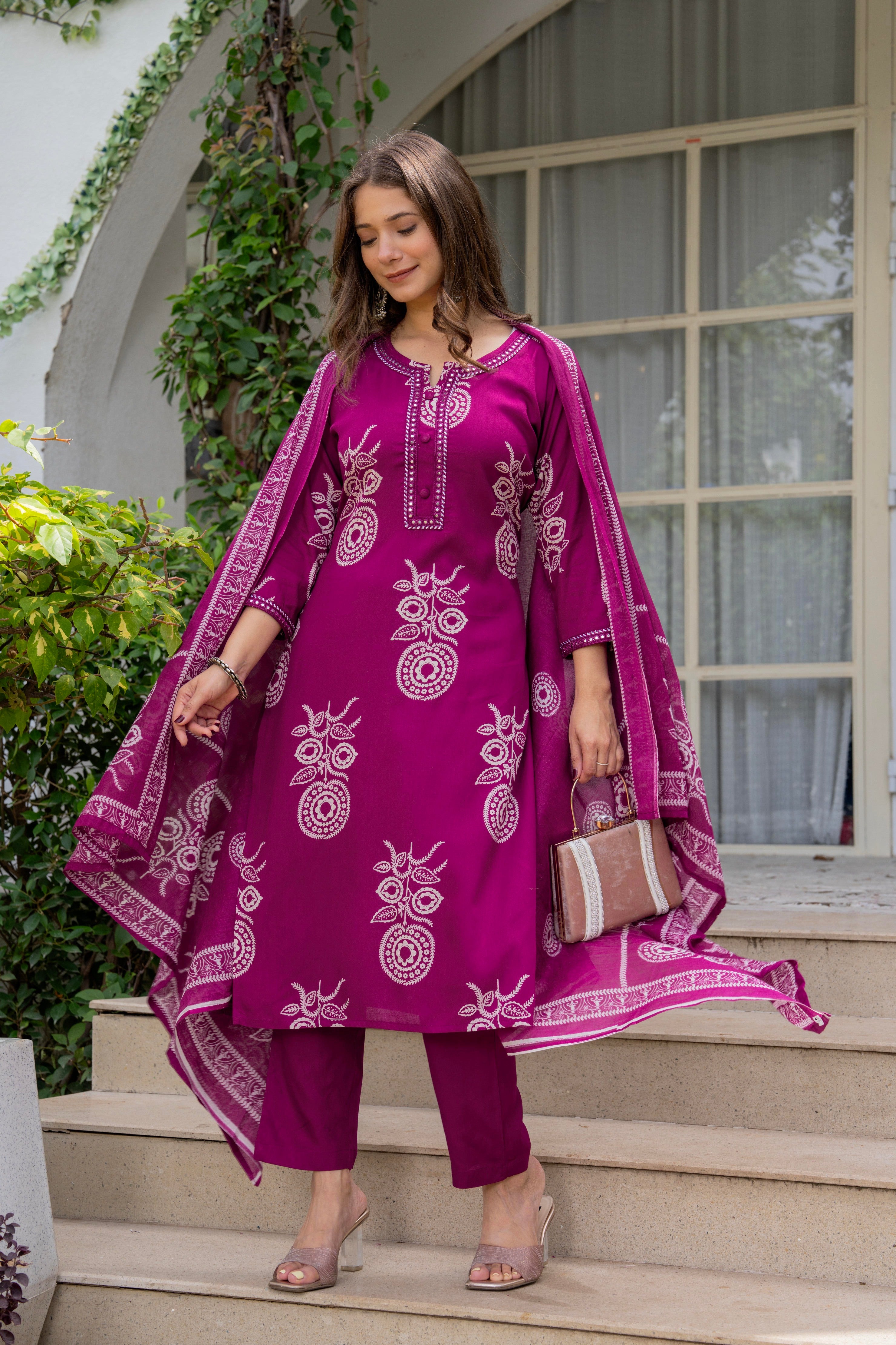 Maroon Floral Printed Kurta Set for Women