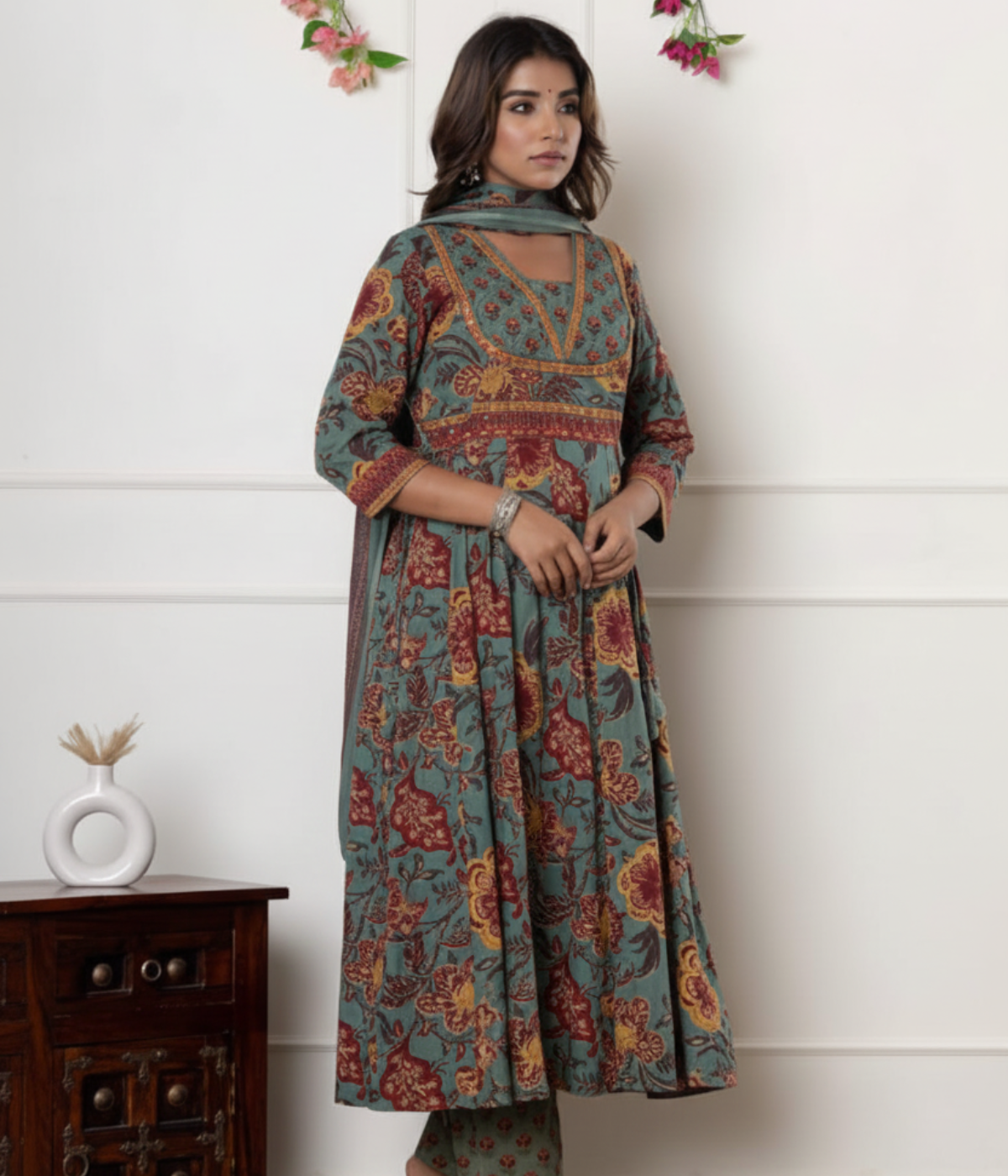 Multicolor Floral Printed Cotton Kurta, Palazzo & Dupatta Set