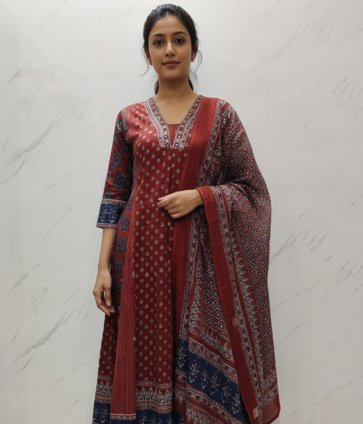 Maroon Printed Kurta Set with Dupatta for Women