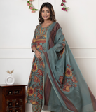 Multicolor Floral Printed Cotton Kurta, Palazzo & Dupatta Set