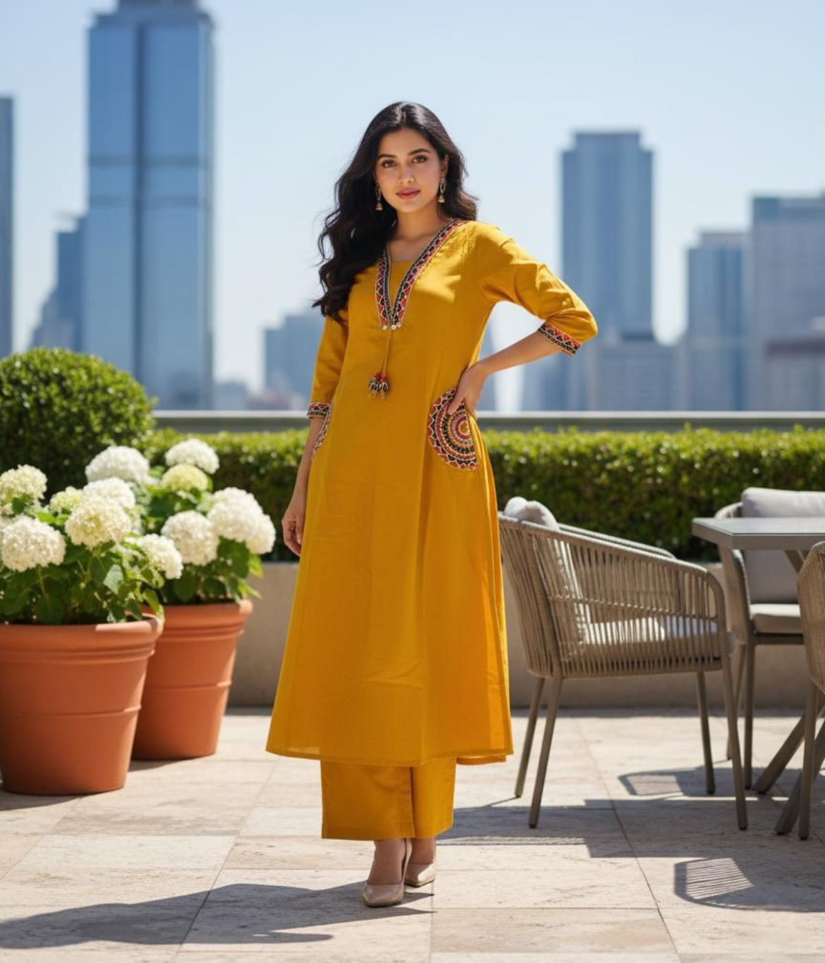 Mustard Yellow Embroidered Kurta Set for Women