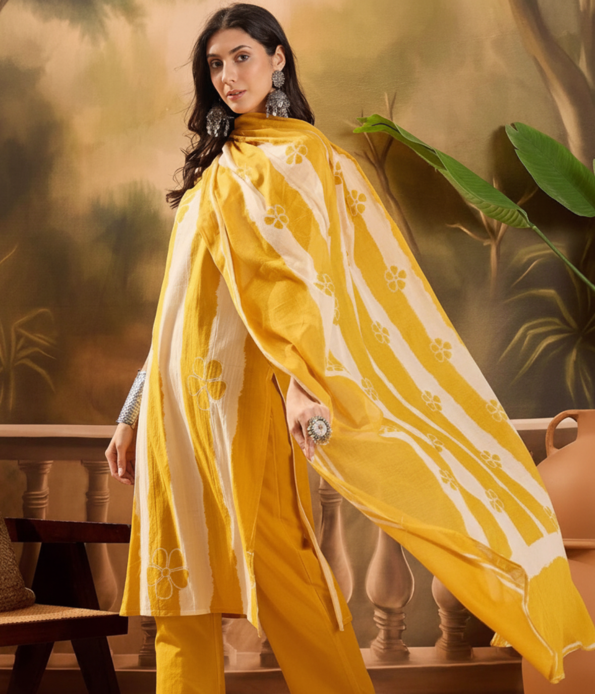 Mustard Yellow Floral Printed Kurta Set with Dupatta