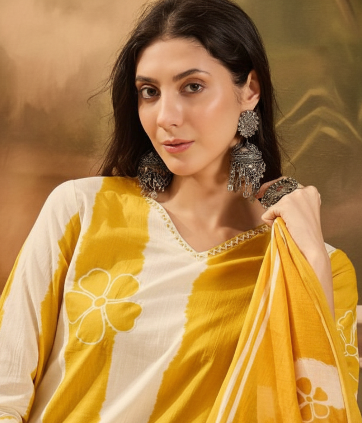 Mustard Yellow Floral Printed Kurta Set with Dupatta