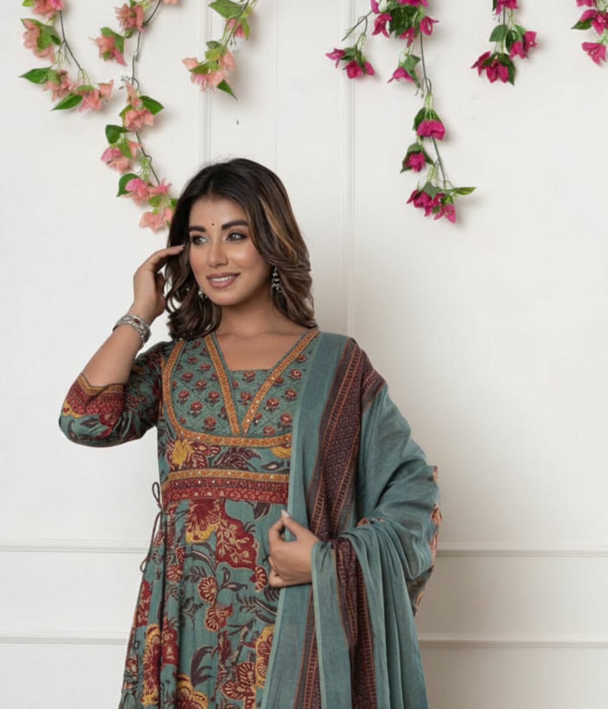 Multicolor Floral Printed Cotton Kurta, Palazzo & Dupatta Set