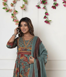 Multicolor Floral Printed Cotton Kurta, Palazzo & Dupatta Set