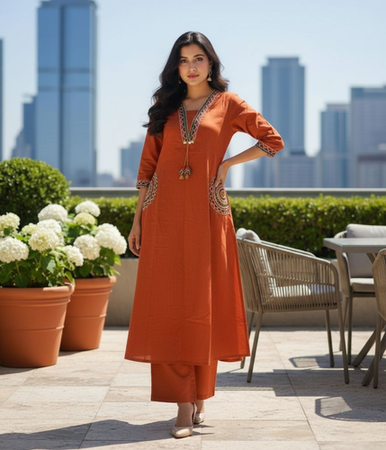 Orange Embroidered Kurta Pant Set for Women