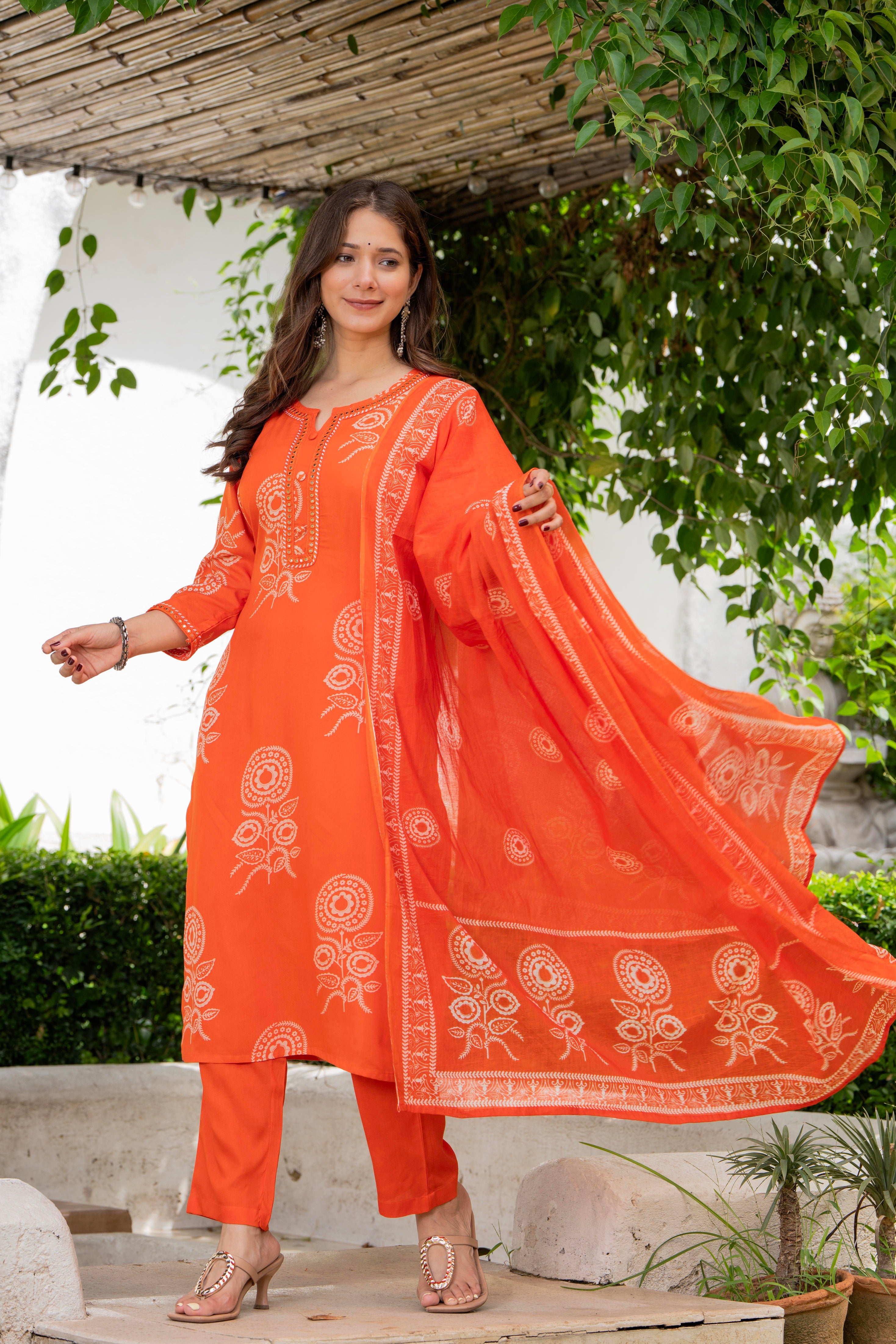 Orange Flower Printed Suit for Women