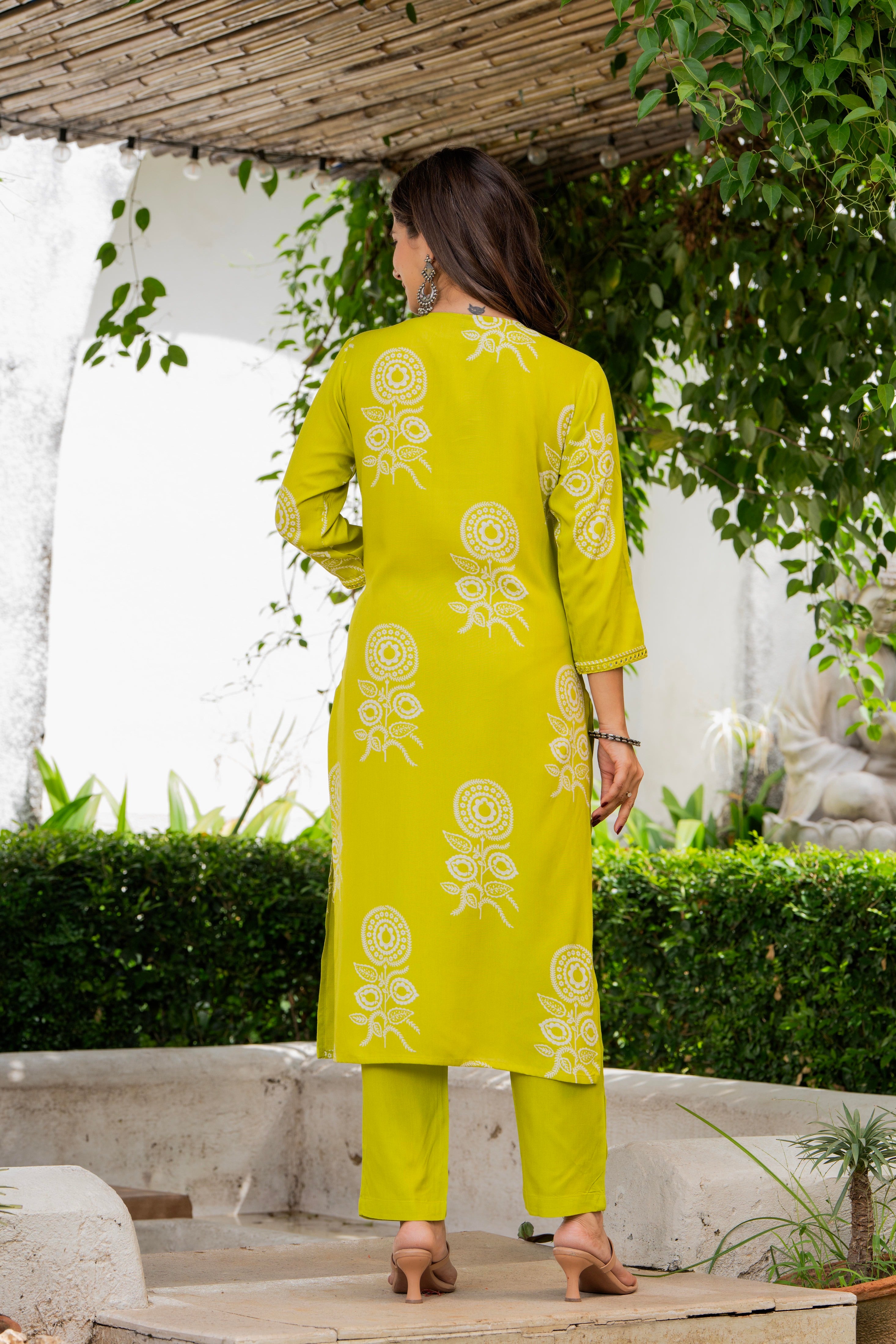 Lime Green Floral Printed Kurta Set for Women