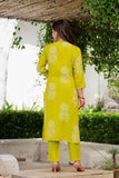Lime Green Floral Printed Kurta Set for Women