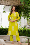 Lime Green Floral Printed Kurta Set for Women