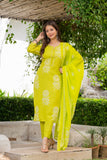Lime Green Floral Printed Kurta Set for Women