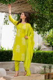 Lime Green Floral Printed Kurta Set for Women