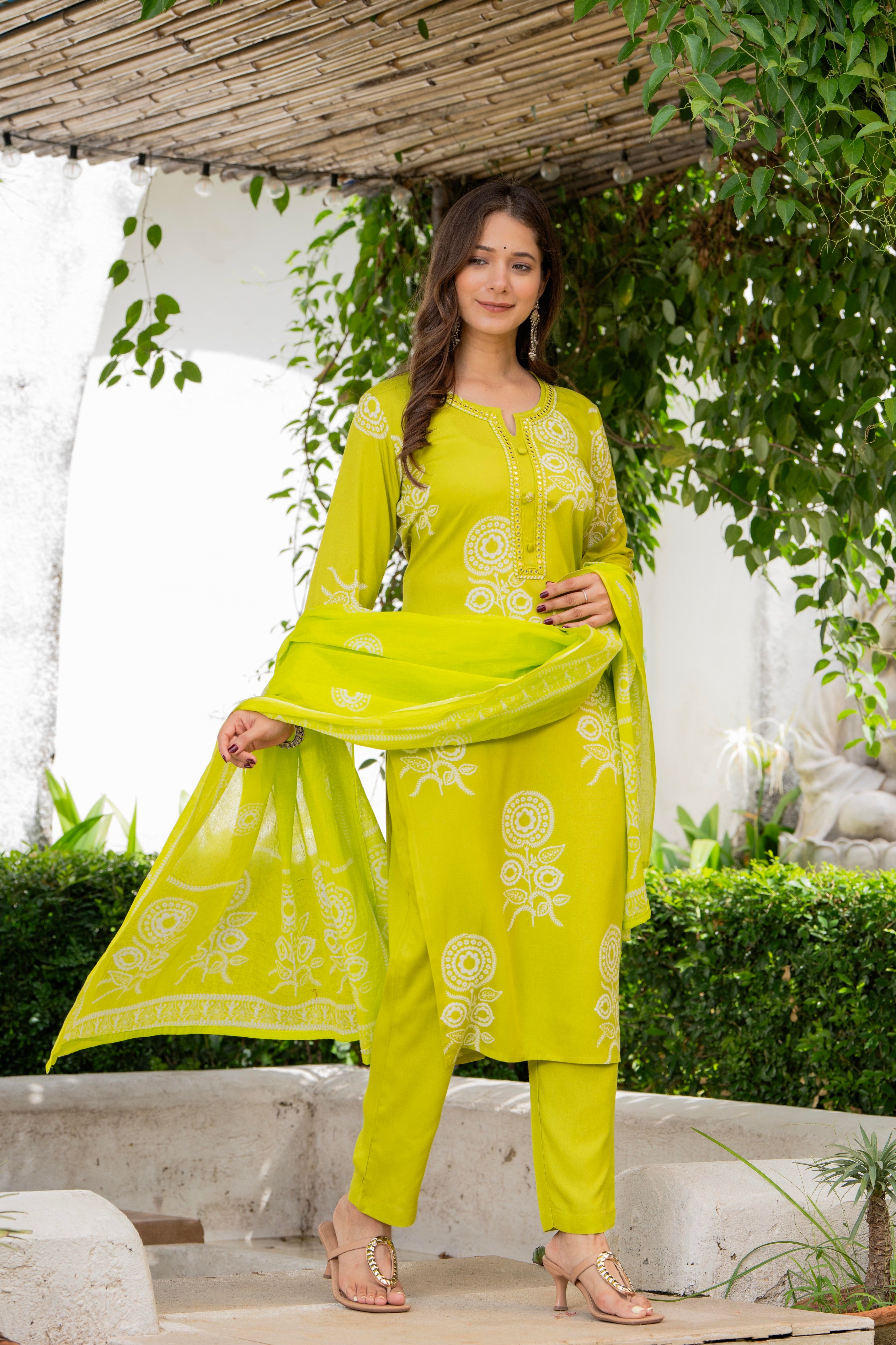 Lime Green Floral Printed Kurta Set for Women