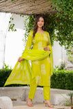 Lime Green Floral Printed Kurta Set for Women