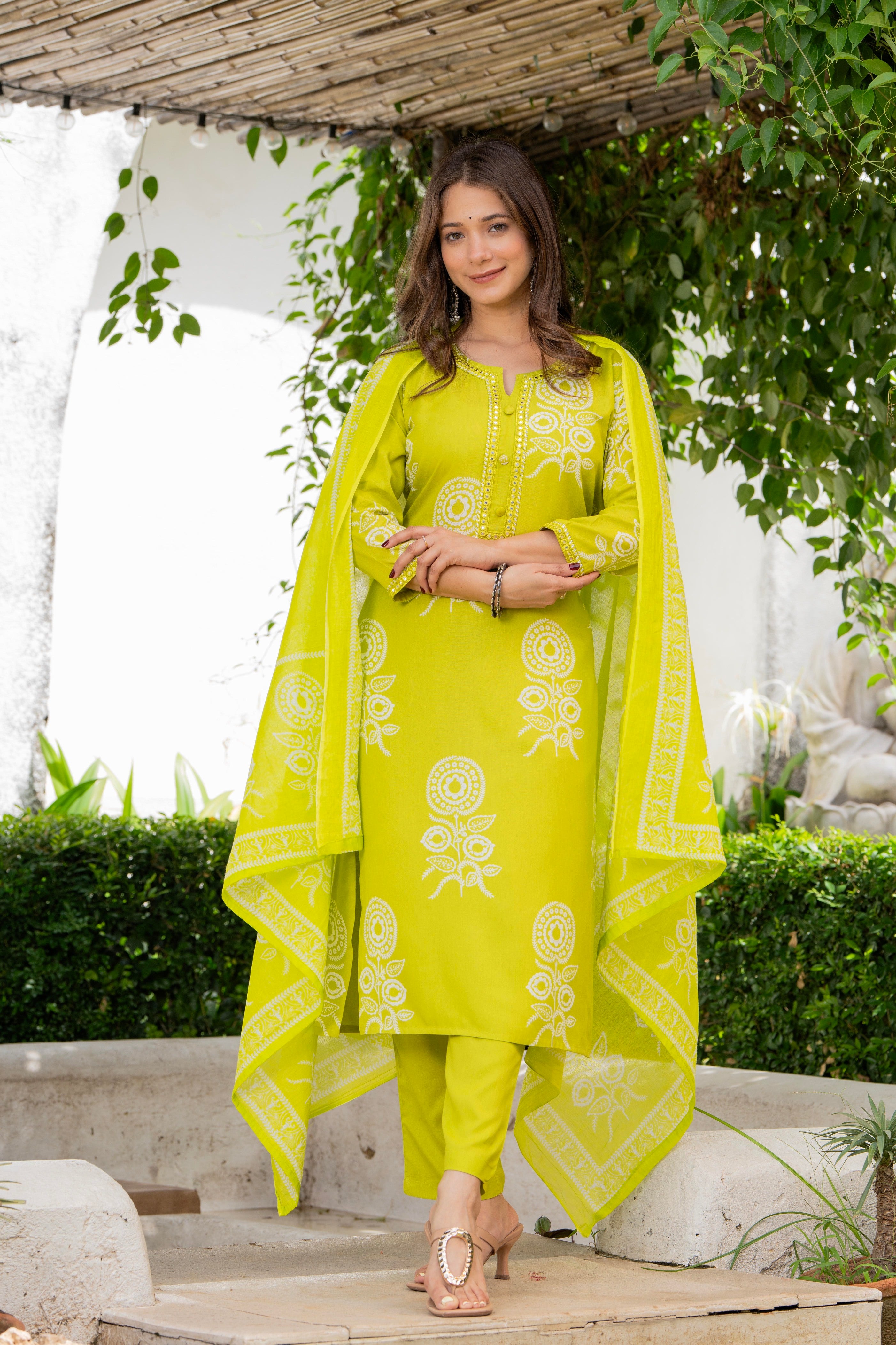 Lime Green Floral Printed Kurta Set for Women