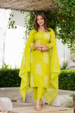 Lime Green Floral Printed Kurta Set for Women
