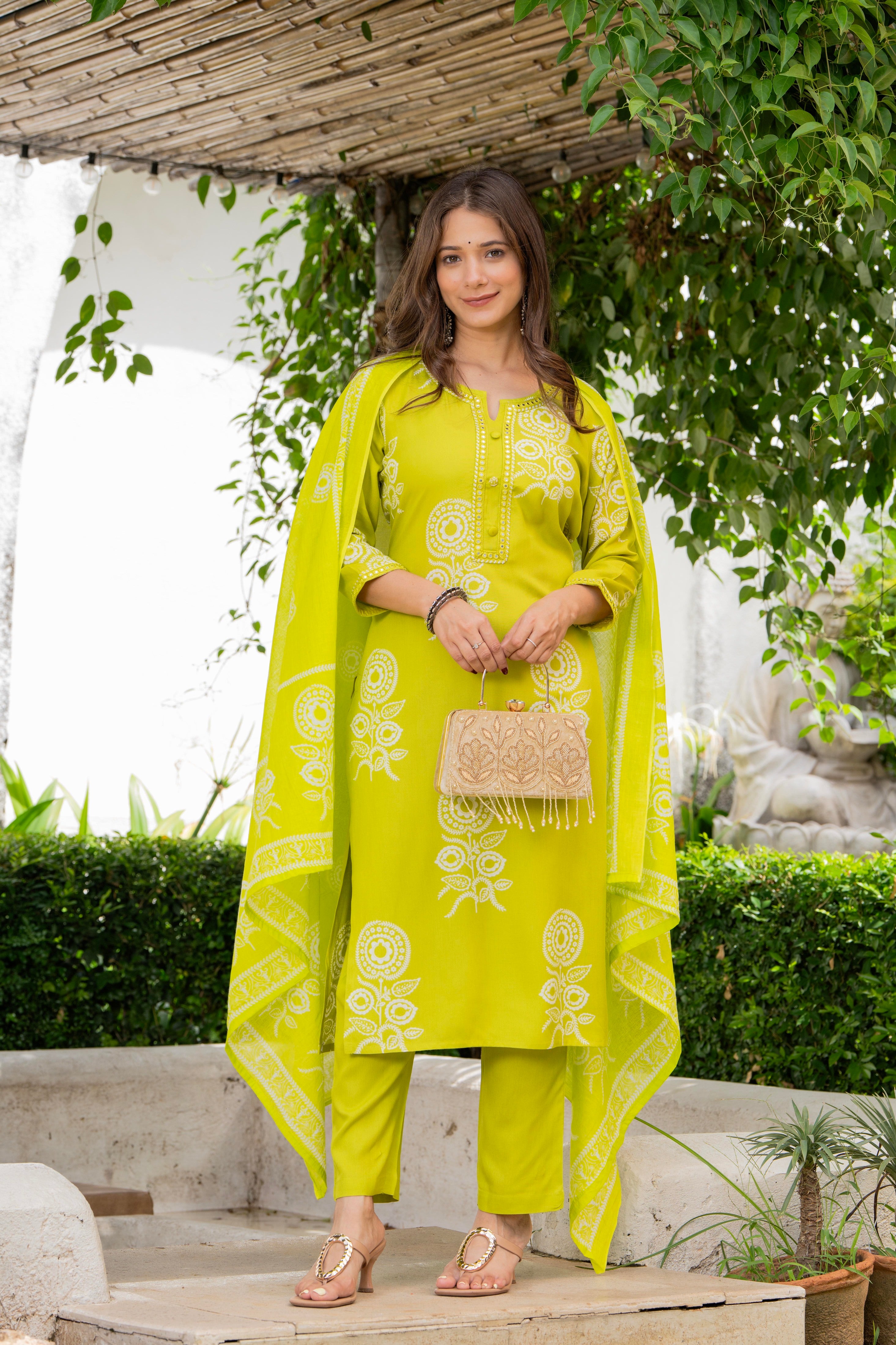 Lime Green Floral Printed Kurta Set for Women