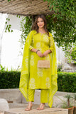 Lime Green Floral Printed Kurta Set for Women