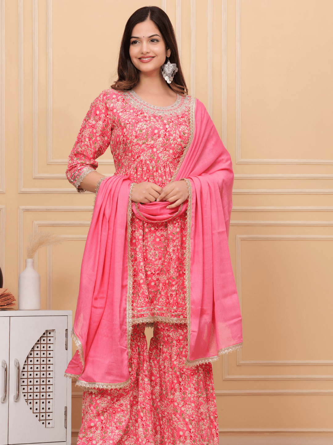 Floral Printed Pink Kurti Sharara Dupatta Set - Vayusut