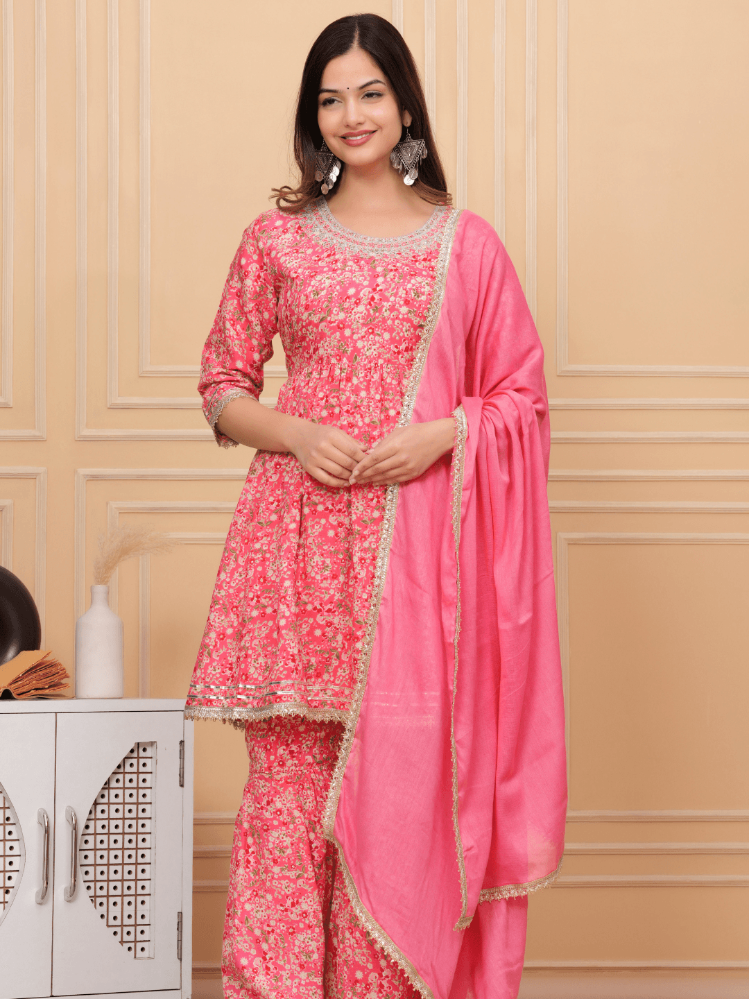 Floral Printed Pink Kurti Sharara Dupatta Set - Vayusut