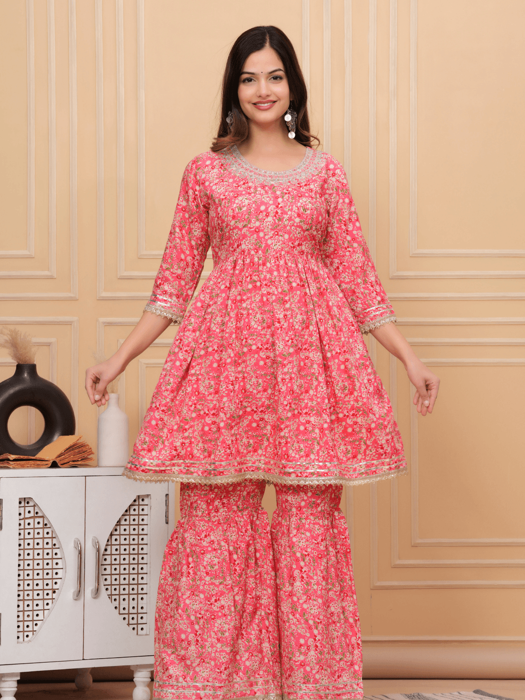 Floral Printed Pink Kurti Sharara Dupatta Set - Vayusut