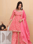Floral Printed Pink Kurti Sharara Dupatta Set - Vayusut