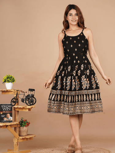 Women Printed Short Black Dress