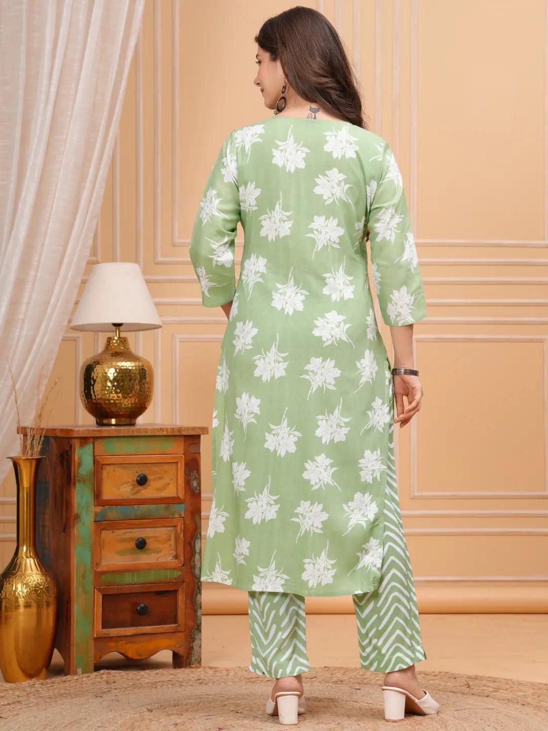 Green Floral Printed Kurta Set for Women - Vayusut